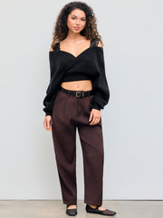 V-neck Solid Lace Knit Crop Wrap Sweater