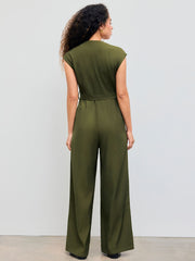 Collar Solid Pocket Wide Leg Jumpsuit With Belt