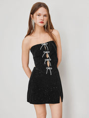 Velvet Glitter Tie Front Bowknot Tube Top & Mid Rise Split Mini Skirt Set