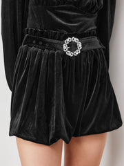 Velvet Mid Rise Bubble Hem Shorts With Belt