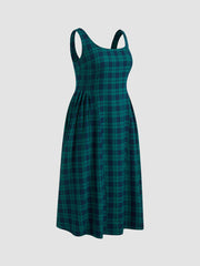 Square Neck Check Pleated Zipper Maxi Dress Curve & Plus