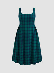 Square Neck Check Pleated Zipper Maxi Dress Curve & Plus
