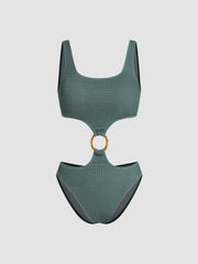 Crinkle Fabric U-neckline Cut Out O-Ring One Piece Swimsuit