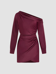 Asymmetrical Neck Pleated Wrap Mini Dress