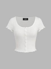 100% Cotton Pointelle U-neckline Floral Lettuce Trim Short Sleeve Top
