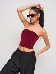 Stretch Denim Zipper Cropped Tube Top