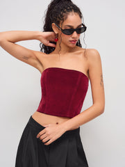 Stretch Denim Zipper Cropped Tube Top