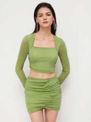 Lurex-blend Square Neck Ruched Crop Top & Mid Rise Mini Skirt Set