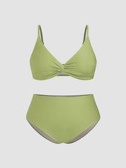 Rib Fabric V-neck Twist Triangle Full Coverage Bikini Set Curve & Plus
