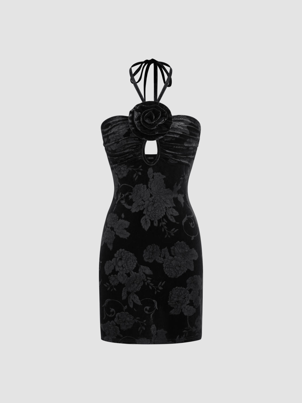 Velvet Halter Neckline Floral Rosette Cut Out Mini Dress