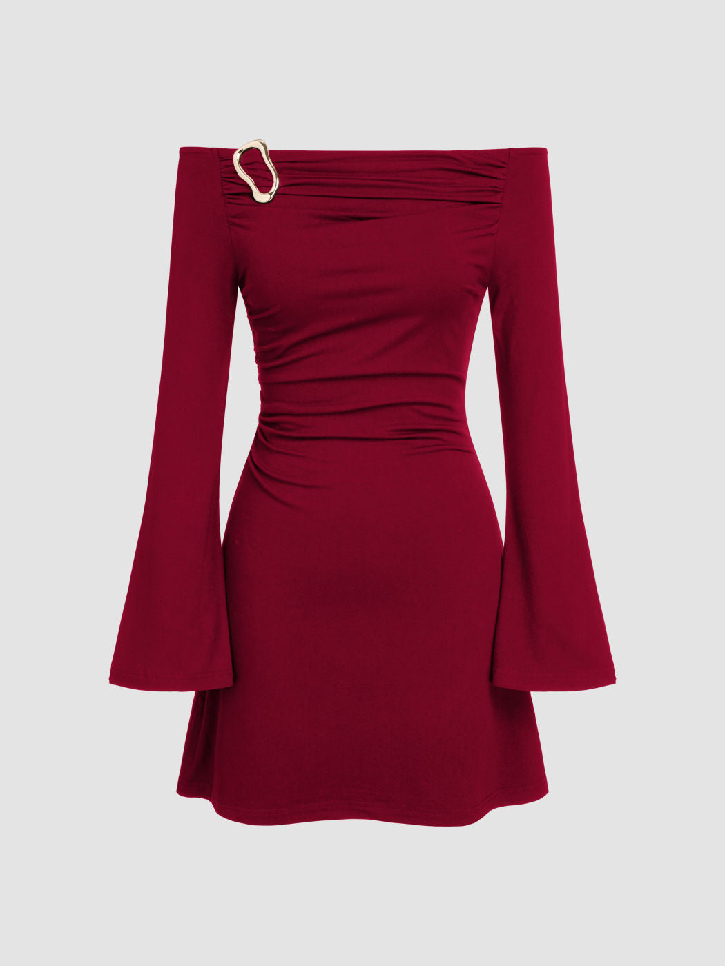 Off-Shoulder Bell Sleeve Hook Ruched Mini Dress