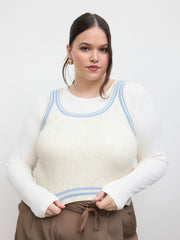 Cable Knit Square Neck Solid Contrasting Binding Crop Top Curve & Plus