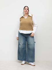 Knit V-neck Solid Vest Curve & Plus