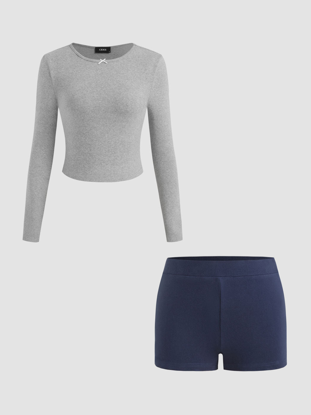 Cotton-blend Round Neckline Bowknot Long Sleeve Top & Low Rise Legging Shorts
