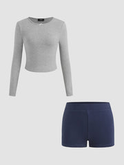 Cotton-blend Round Neckline Bowknot Long Sleeve Top & Low Rise Legging Shorts