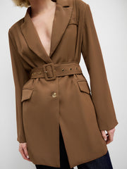 Solid Notched Collar Belted Blazer