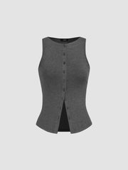 Round Neckline Solid Button Crop Tank Top