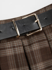 Mid Rise Plaid Pleated Mini Skirt With Belt Curve & Plus