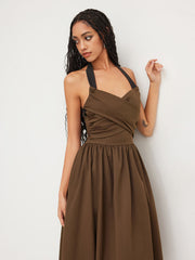Halter Neckline Criss Cross Knotted Pocket Midi Dress