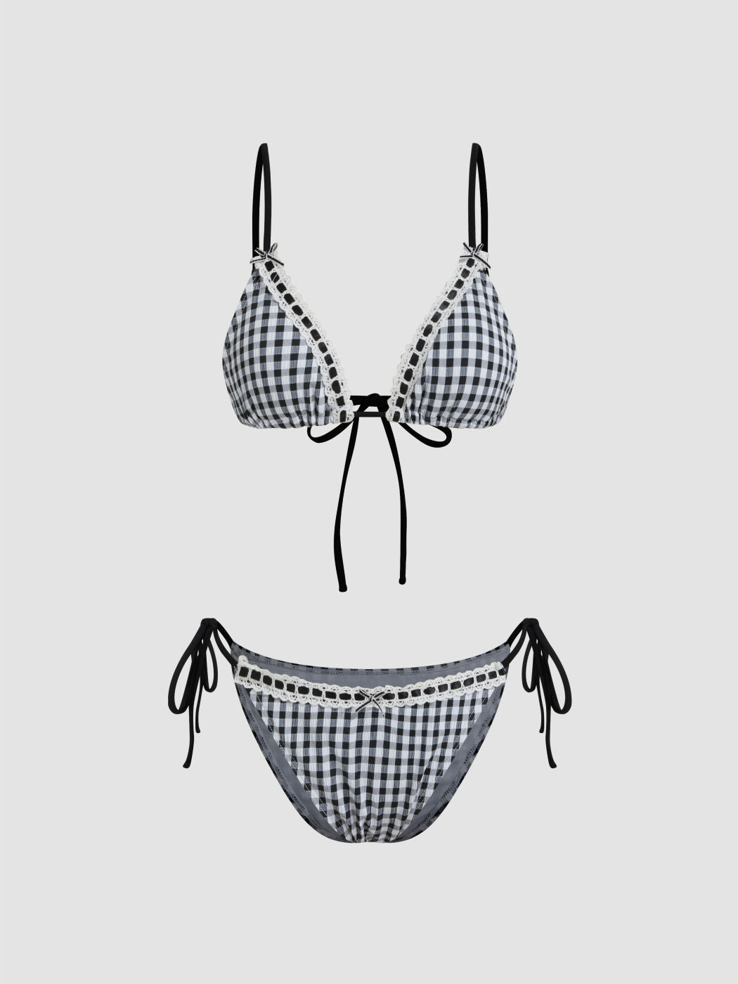 V-neck Gingham Bowknot Triangle Tie Side Bikini Set
