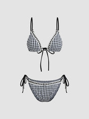 V-neck Gingham Bowknot Triangle Tie Side Bikini Set