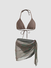 Halter Triangle Bikini Set With Floral Sarong