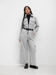 Wool-look Collar Straight Leg Cargo Jumpsuit With Belt
