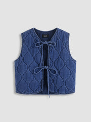 Denim Round Neckline Solid Tie Front Knotted Vest