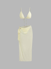 Halter Neckline Chain Drawstring Halter Tie Side Bikini Set With Sarong
