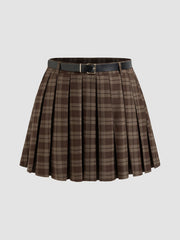 Mid Rise Plaid Pleated Mini Skirt With Belt Curve & Plus