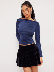 Boat Neck Solid Glitter Ruched Long Sleeve Crop Tee