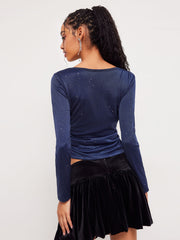 Boat Neck Solid Glitter Ruched Long Sleeve Crop Tee