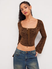 Lace Square Neck Floral Knotted Bell Sleeve Crop Top
