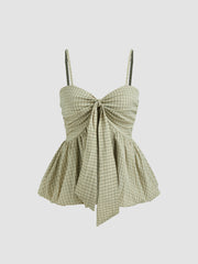 Check Shirred Knotted Bubble Hem Cami Top