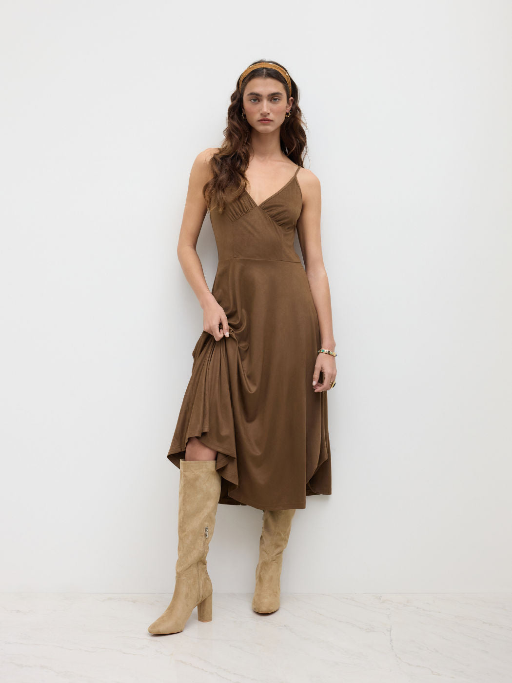 Suede V-neck Ruffle Midi Dress