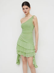 Mesh Asymmetrical Neck Solid Layered Ruffle Hem Mini Dress