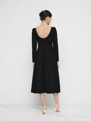 Square Neck Solid Ruffle Zipper Long Sleeve Midi Dress