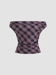 Off-shoulder Tartan Ruched Crop Top