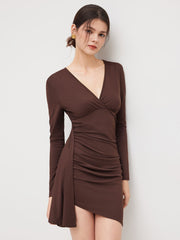 Jersey V-neck Ruched Asymmetrical Hem Mini Dress