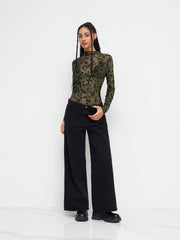 Stand Collar Floral See-through Lettuce Trim Bodysuit