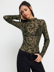 Stand Collar Floral See-through Lettuce Trim Bodysuit
