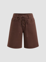 Denim Low Rise Lace Up Knotted Bermuda Jorts