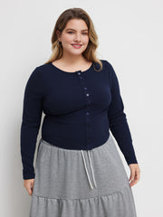Round Neckline Button Up Long Sleeve Top Curve & Plus
