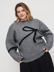 Knit Round Neckline Bowknot Oversized Sweater Curve & Plus