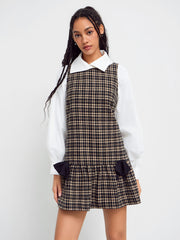 Wool-like Boat Neck Tartan Bowknot Mini Dress