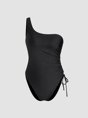 Shaping Asymmetrical Neck Drawstring Ruched One Piece Swimsuit
