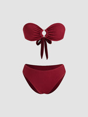 Crinkle Fabric O-ring Bandeau Cheeky Bikini Set With Removable Straps