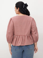 100% Cotton Round Neckline Gingham Tie Front Ruffle Hem Long Sleeve Blouse Curve & Plus