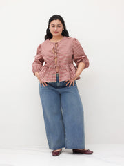 100% Cotton Round Neckline Gingham Tie Front Ruffle Hem Long Sleeve Blouse Curve & Plus