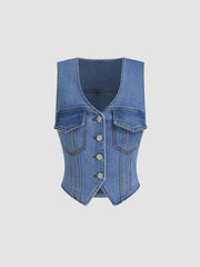 High Stretch Denim V-neck Knotted Crop Vest